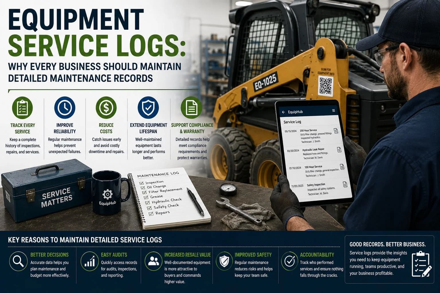 Equipment service log and maintenance record keeping