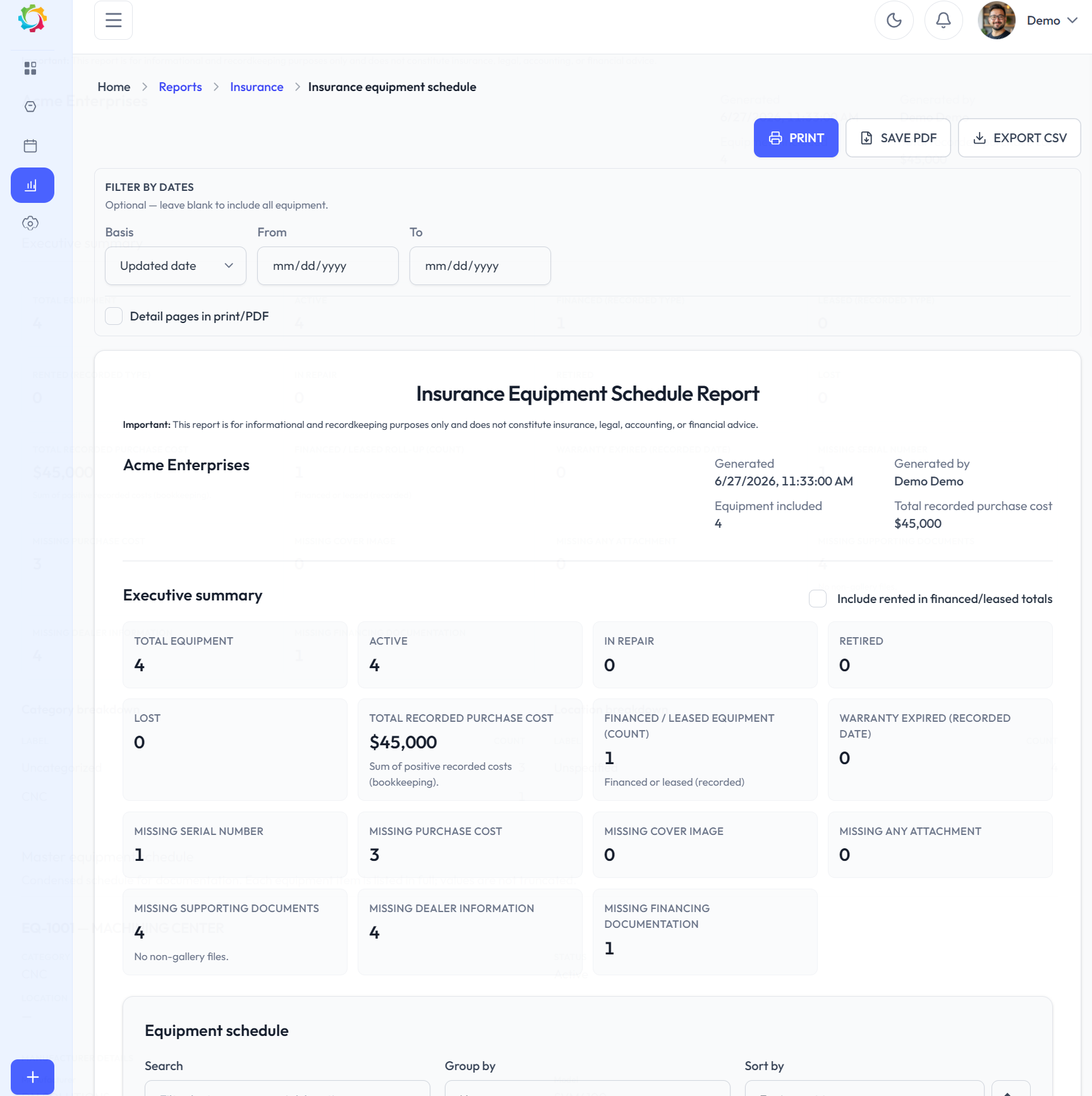 Insurance equipment schedule report